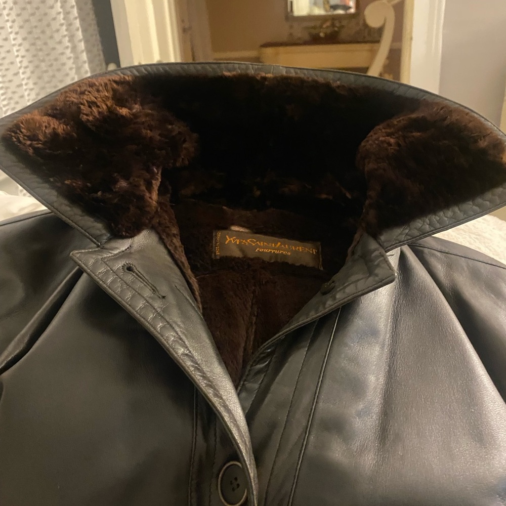 Yves Saint Laurent Black and Brown Leather Pea Coat with Luxurious Fur Collar
